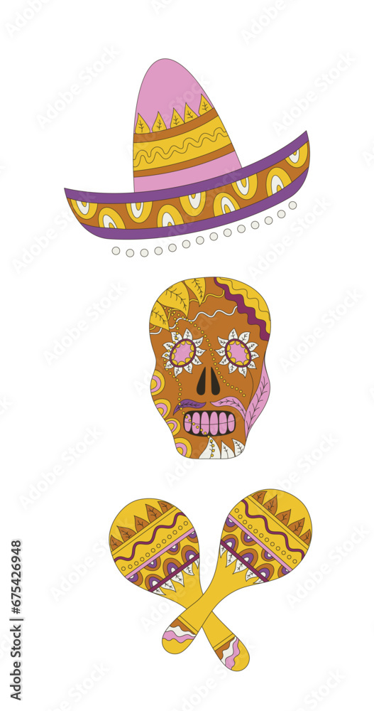 Bright colorful stylish vector illustration about Mexico. Traditional Mexican symbols Mexican skull, sombrerero, maracas isolated on white background. Flat design. Hand-drawnd. Vector illustration.