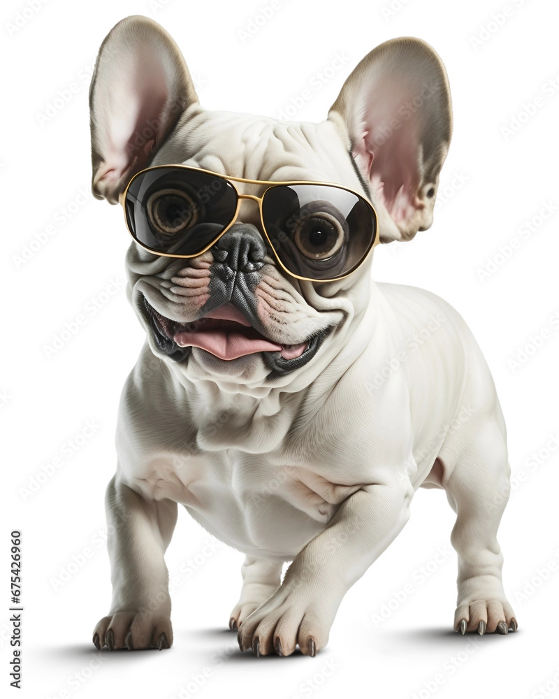 French Bulldog wearing sunglasses is walking