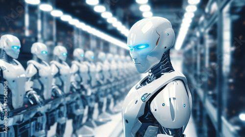 Wallpaper Mural robot production plant. robots of the future stand in a row in a warehouse. ai generative Torontodigital.ca