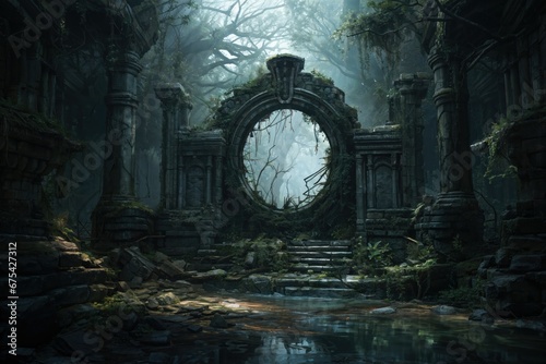Old abandoned gate Hidden within a forgotten jungle. Old gate with lush vegetation forest.
