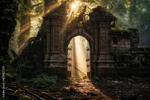 Old abandoned gate Hidden within a forgotten jungle. Old gate with lush vegetation forest.