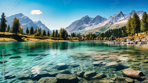 A panoramic view of a serene lake surrounded by majestic mountains under the clear blue sky.