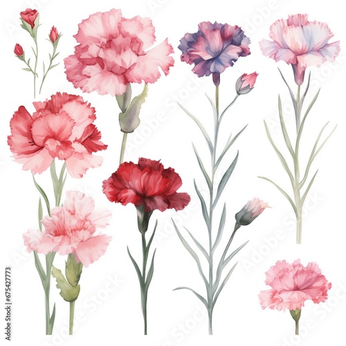 Set of watercolor carnayions flowers on white background clipart © evgenia_lo