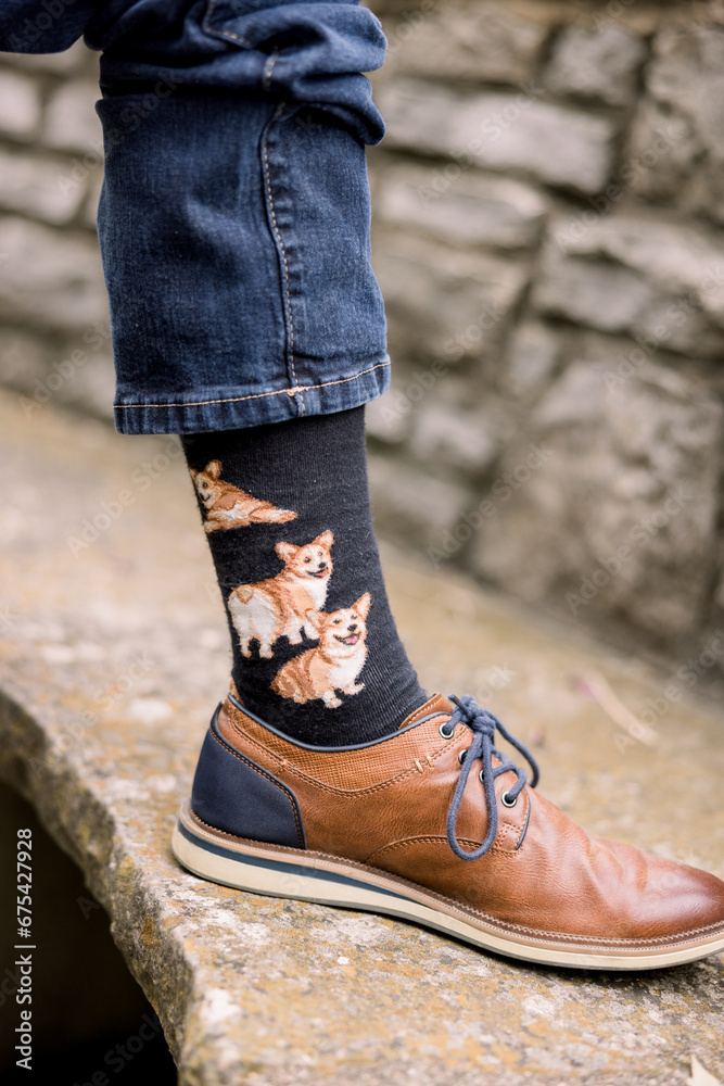 man wearing corgi socks and brown shoes
