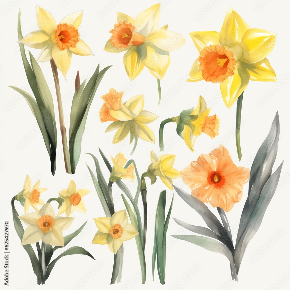 Set of watercolor daffodils flowers clipart