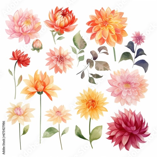 Set of watercolor dahlias flowers on white background clipart