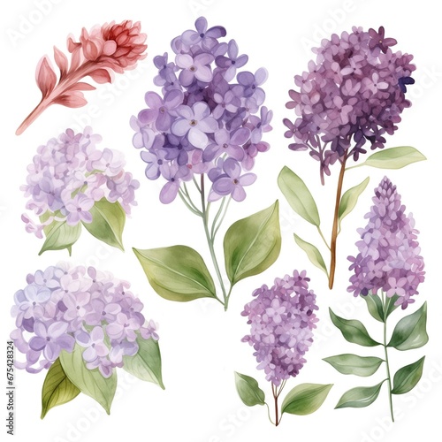 Set of watercolor lilac flowers on white background clipart