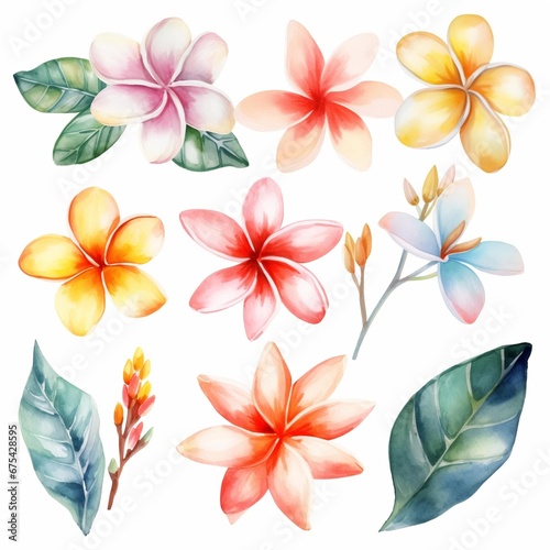Set of watercolor plumeria flowers on white background clipart © evgenia_lo