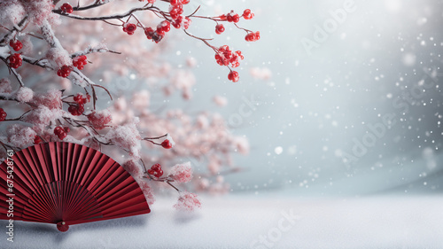 Traditional Japanese fan with snow winter landscape background