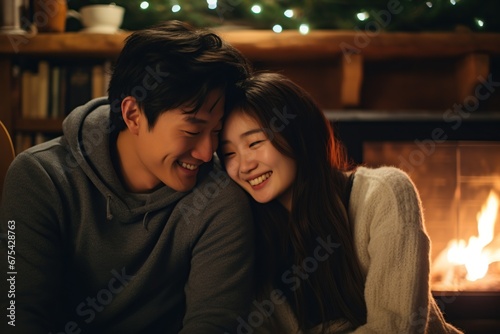 Happy young asian couple hugging near fireplace in winter forest cabin