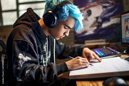 Young boy with blue hair studying at a desk, computer glowing nearby photo