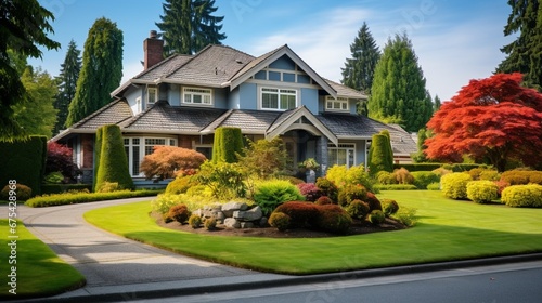 Big custom made luxury house with nicely trimmed and landscaped front yard in the suburbs of Vancouver