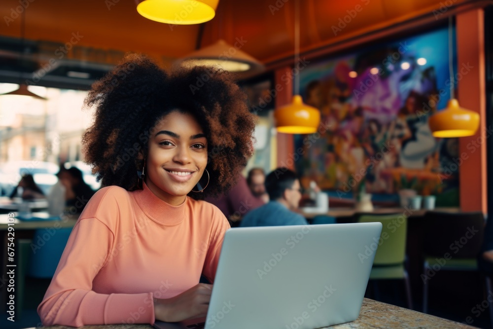 happy african american woman sitting at table with laptop in cafe happy african american woman sitting at table with laptop in cafe