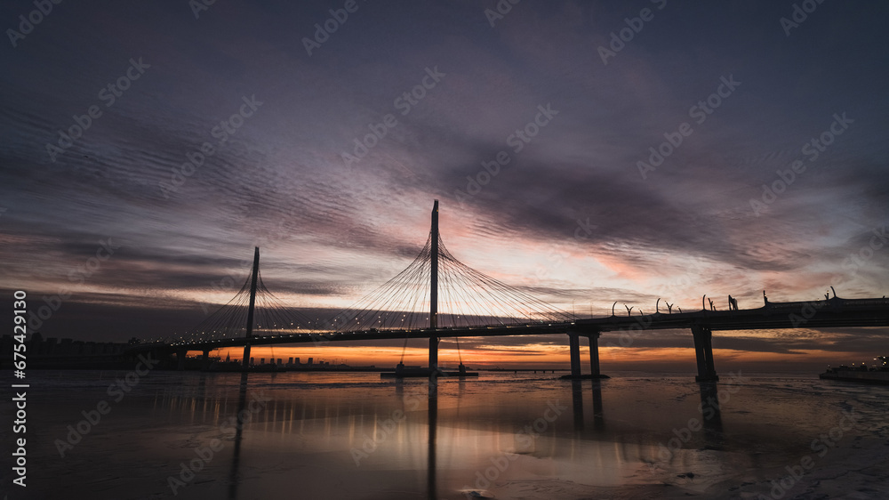 Cable-stayed bridge in the evening at sunset