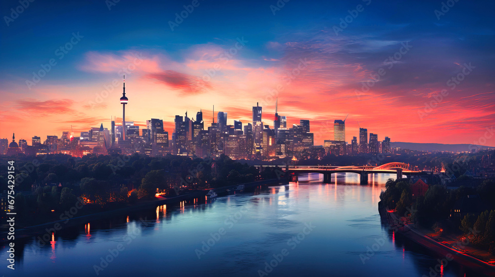 A panoramic city skyline at dusk, the buildings silhouetted against the fiery hues of the setting sun. - obrazy, fototapety, plakaty 