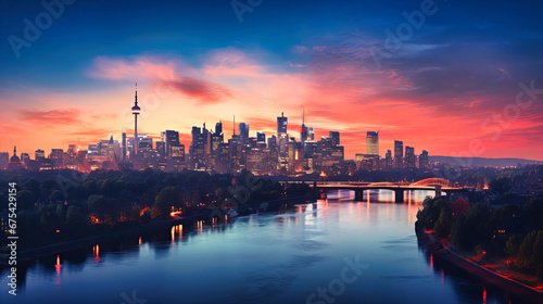 A panoramic city skyline at dusk  the buildings silhouetted against the fiery hues of the setting sun.