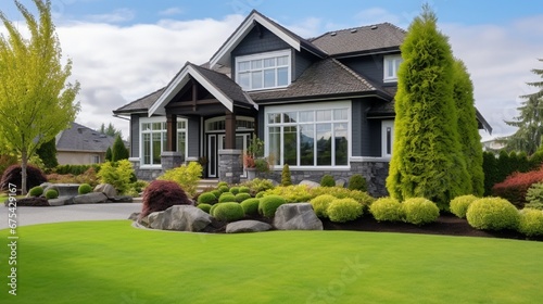 Custom built luxury house with nicely trimmed and designed front yard, lawn in a residential neighbourhood in Canada photo
