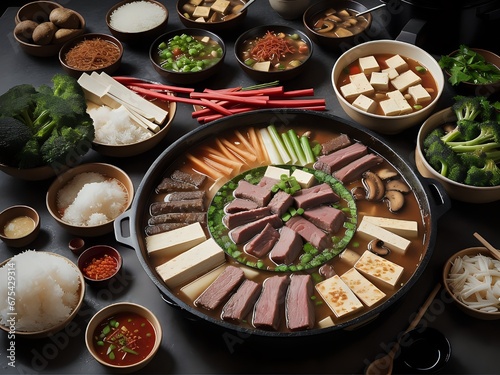 A mouthwatering, high-resolution photograph of a traditional Sichuan Hot Pot filled with bubbling spicy broth Generative AI