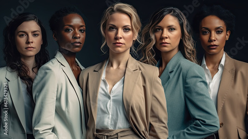 Millennial women looking at the camera with confidence. Diverse group of strong independent business women standing together in a studio. Women of different ages embracing girl power.