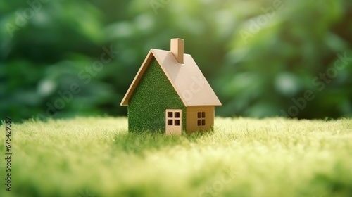 Decarbonization of Real Estate. Lower CO2 emissions and reduce carbon. Miniature wooden house model and white tag with co2 neutral markers on green grass. conservation house concept environmentally.