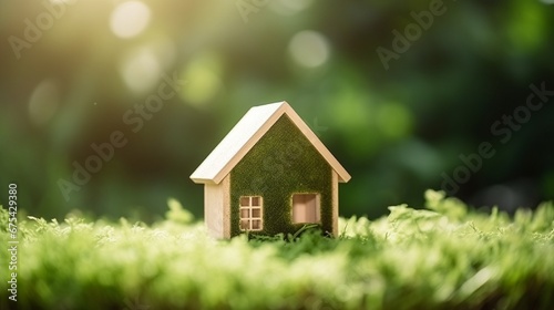 Decarbonization of Real Estate. Lower CO2 emissions and reduce carbon. Miniature wooden house model and white tag with co2 neutral markers on green grass. conservation house concept environmentally.