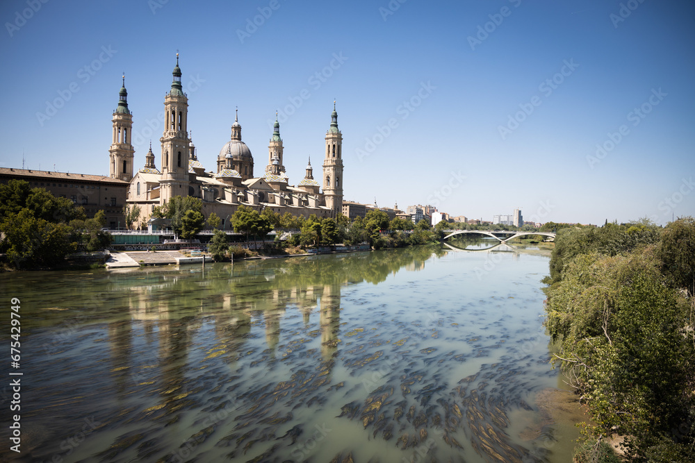 Zaragoza landscape with cathedral-Basilica of Our Lady of the Pillarm and river ebro
