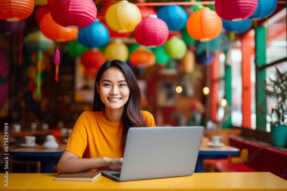 happy asian woman sitting at table with laptop in cafe happy asian woman sitting at table with laptop in cafe