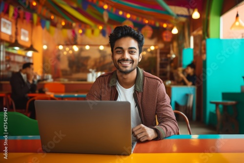 happy indian man sitting at table with laptop in cafe photo