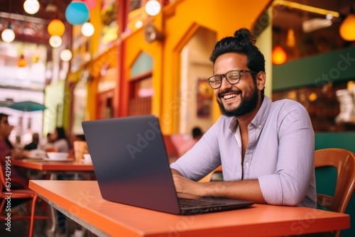 happy indian man sitting at table with laptop in cafe