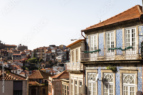 Porto cityscape with clay tiles on rooftop, downtown Porto, azulejo