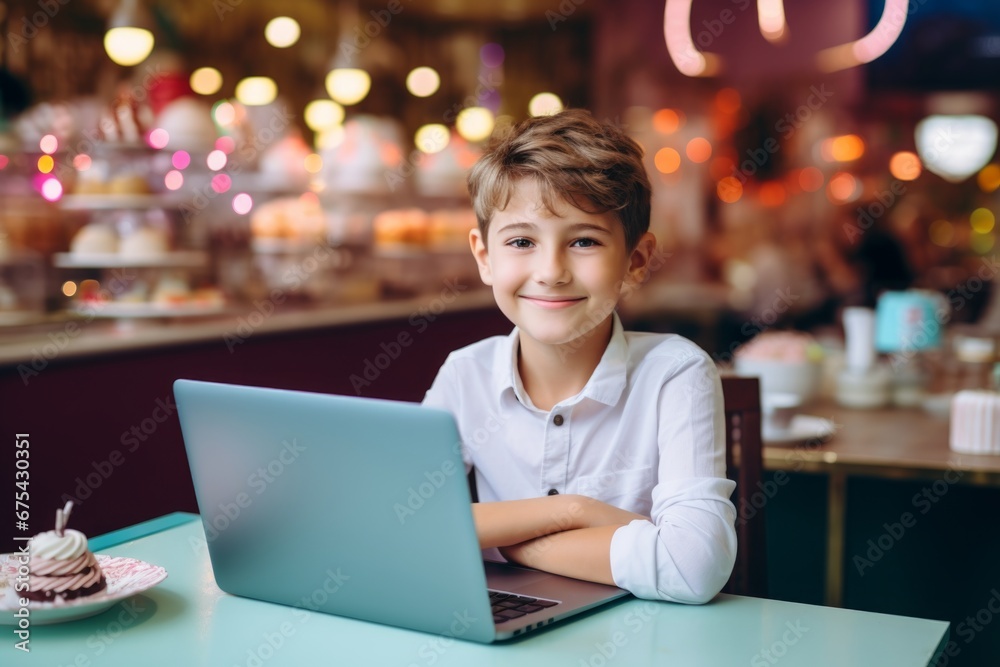 happy child boy sitting at table with laptop in cafe happy child boy sitting at table with laptop in cafe