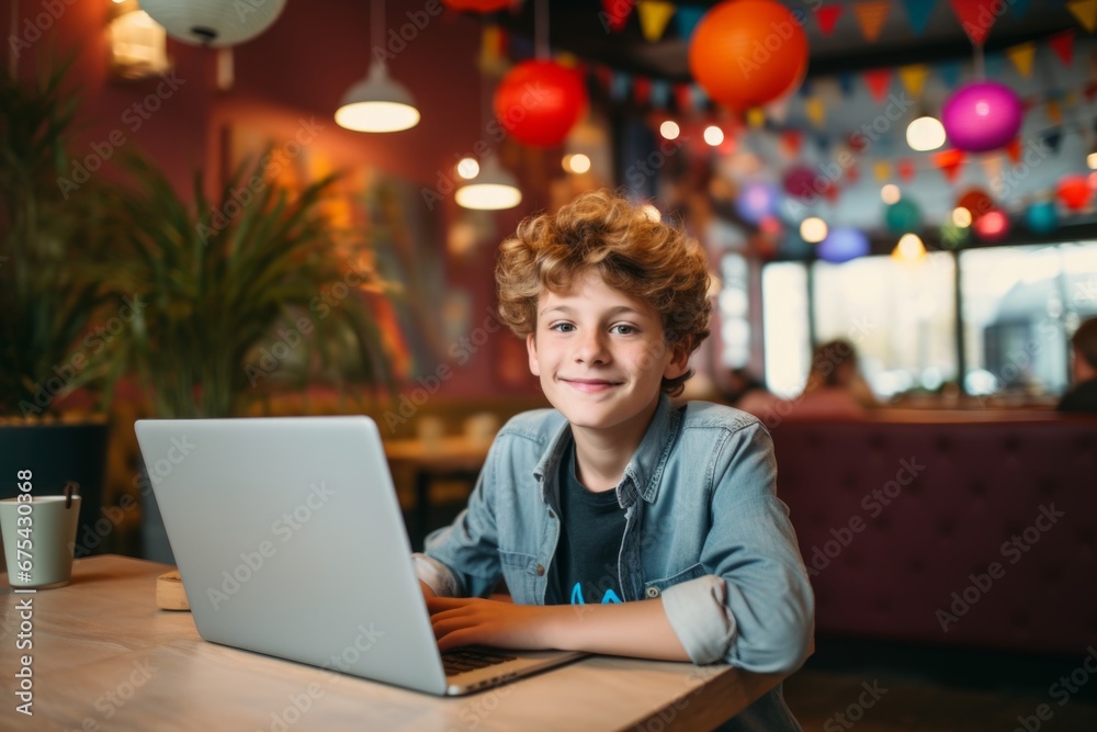 happy child boy sitting at table with laptop in cafe happy child boy sitting at table with laptop in cafe