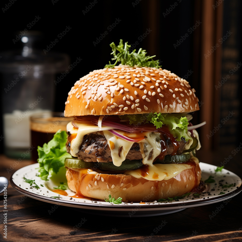 Big delicious burger on a plate on wooden table isolated dark background. Generative AI Big delicious burger on a plate on wooden table isolated dark background. Generative AI