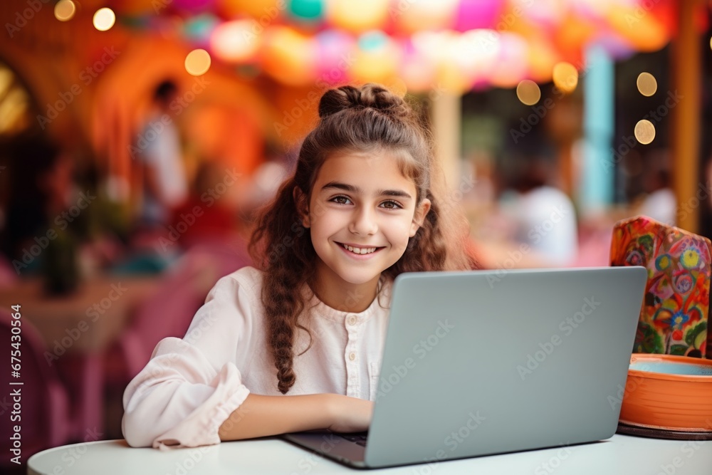 happy child girl sitting at table with laptop in cafe happy child girl sitting at table with laptop in cafe