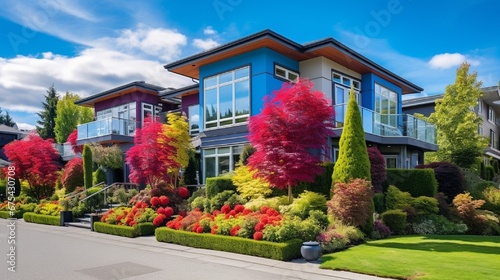 Luxury colorful home with the blue sky as a background in suburbs of Vancouver
