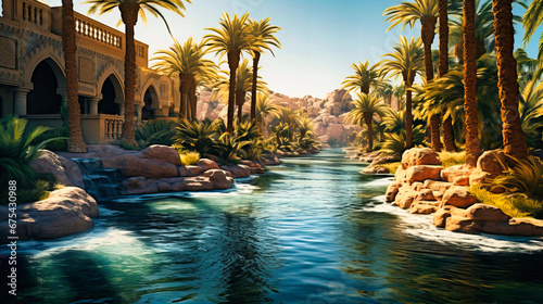 A serene and beautiful desert oasis, the water shimmering under the relentless sun and palm trees offering shade.