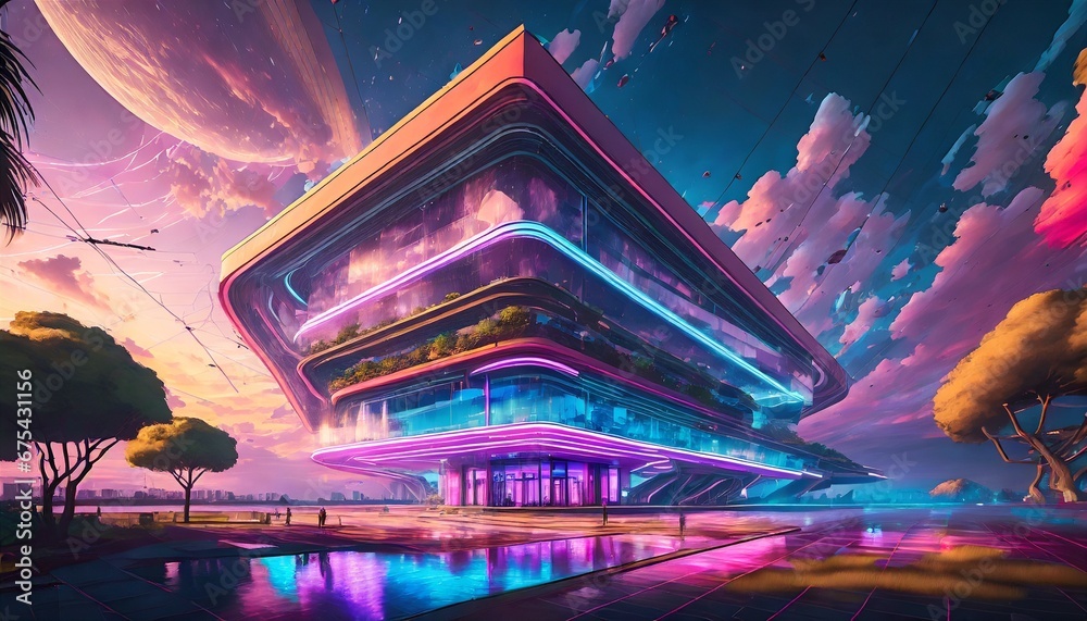 Vibrant landscape office with 80s styled neon architectural abstraction of an entertainment center - obrazy, fototapety, plakaty 