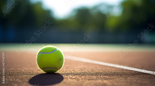 Bright yellow tennis ball on a clay court, capturing the essence of the game.