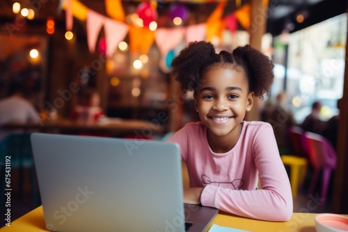 happy african american child girl sitting at table with laptop in cafe