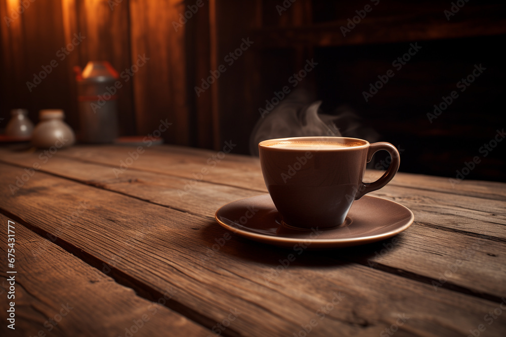 A hot coffee cup on wooden table. Generative AI A hot coffee cup on wooden table. Generative AI