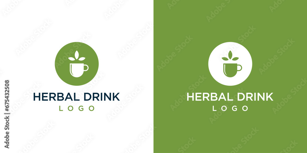 Herbal Drink Logo Designs. Cup and Leaves, Natural Matcha Tea, Icon Symbol Vector Illustration.  - obrazy, fototapety, plakaty 