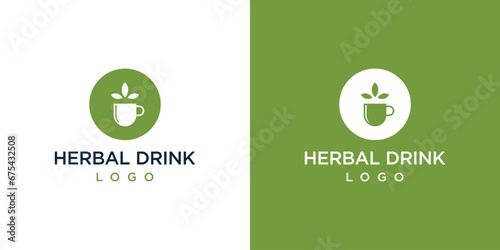 Herbal Drink Logo Designs. Cup and Leaves, Natural Matcha Tea, Icon Symbol Vector Illustration. 