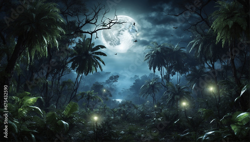 A scary jungle at night with a full moon. The dense foliage casts eerie shadows in the moonlight  and the air is filled with mysterious sounds - AI Generative