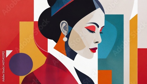 Trendy abstract illustration of woman profile in vintage minimalistic geometry elements