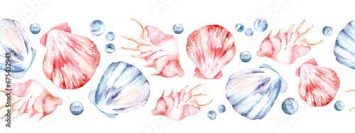 Seamless Border with Seashells. Hand drawn watercolor illustration on white isolated background for banner. Sea shell Pattern for design in nautical style. Oceanic backdrop with cockleshells