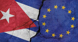 Cuba and European Union flags, concrete wall texture with cracks, grunge background, military conflict concept