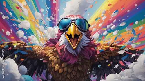 Cartoon eagle skydiving with bold sunglasses, amidst a cascade of colorful feathers Ai Generative