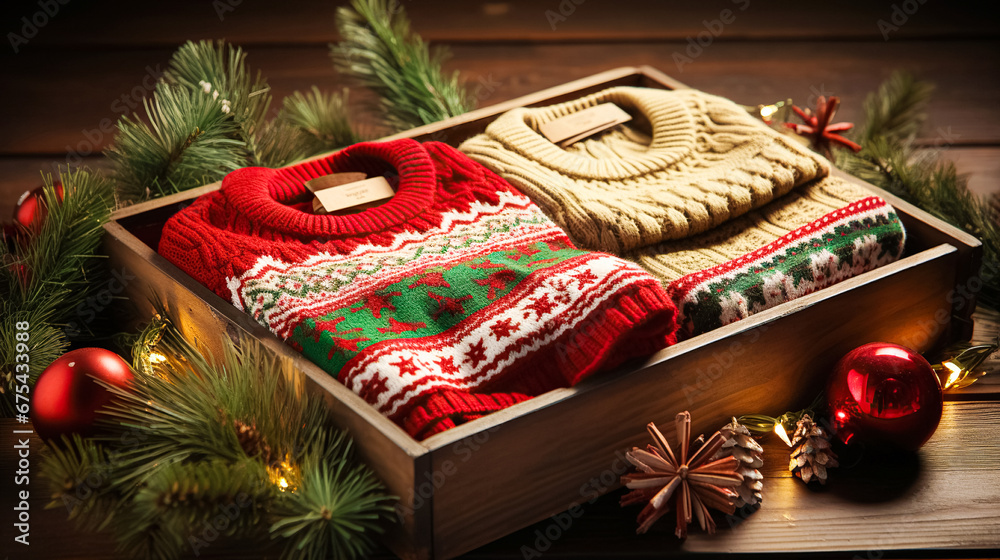 A beautiful knitted sweater with an ornament, in a festive package on a New Year's background, a cute gift A beautiful knitted sweater with an ornament, in a festive package on a New Year's background, a cute gift