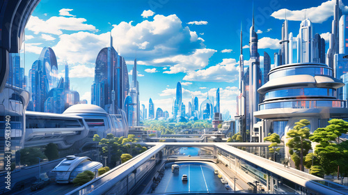 Realistic rendering of a futuristic cityscape with high-tech buildings,