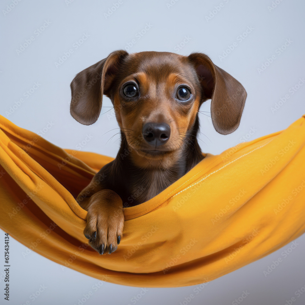 Cute dachshund puppy relax in a hammock isolated